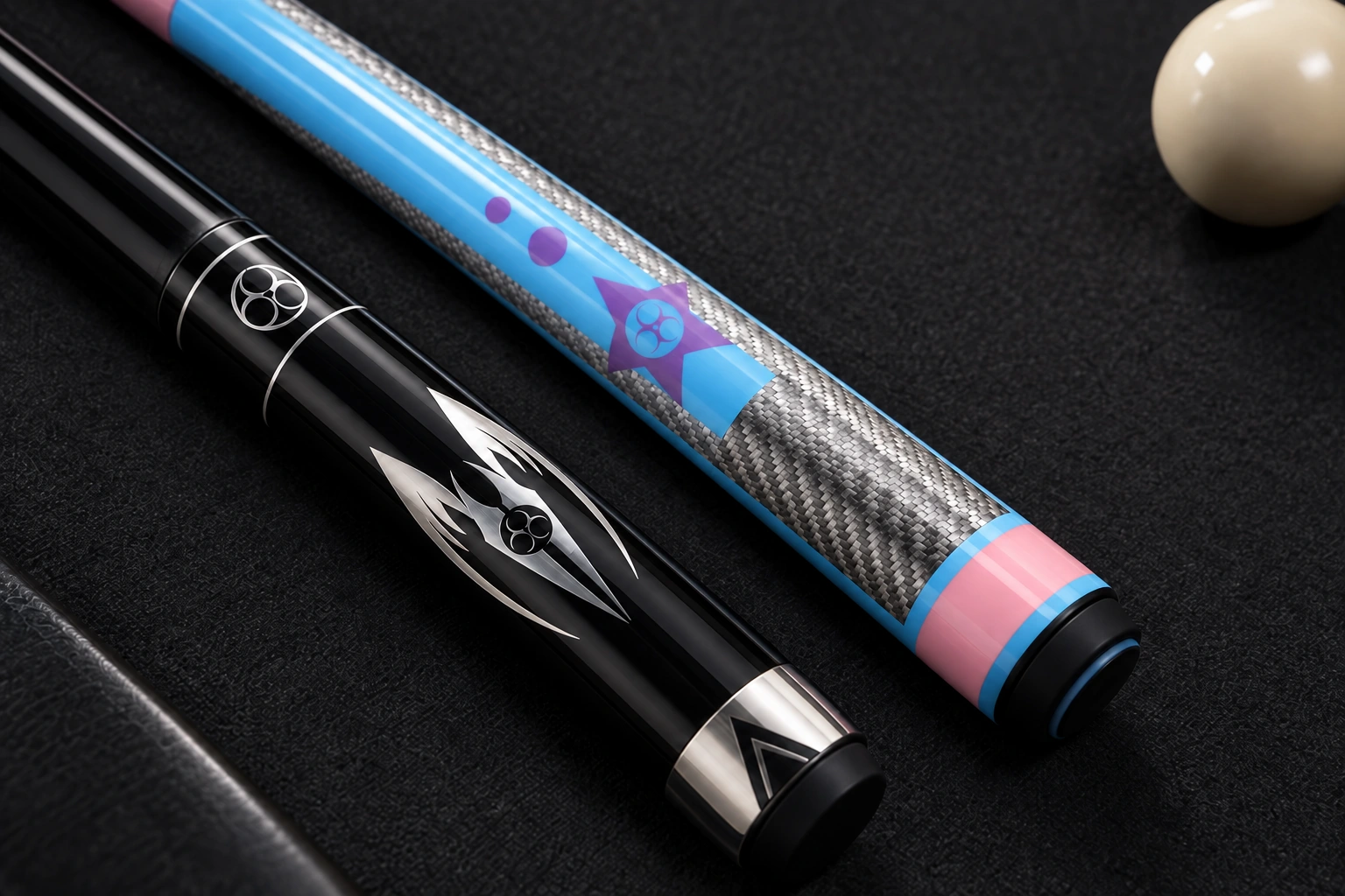 Illustrative study of Poison Candy and Maelith cue handles on dark billiard cloth
